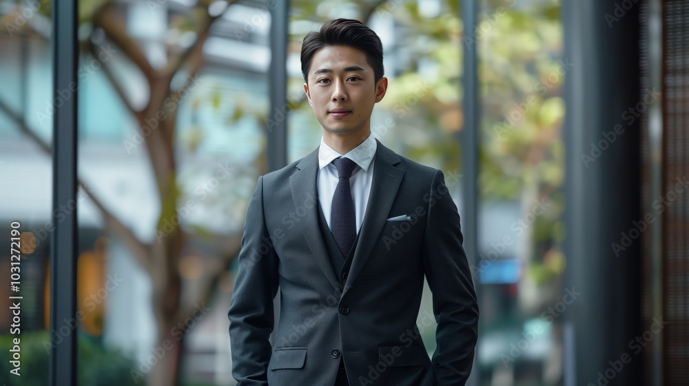 Asian male, handsome face, dressed in a dark gray suit and tie, standing tall against the backdrop of an office window with natural light shining through Asian male, handsome face, dressed in a dark gray suit and tie, standing tall against the backdrop of an office window with natural light shining through