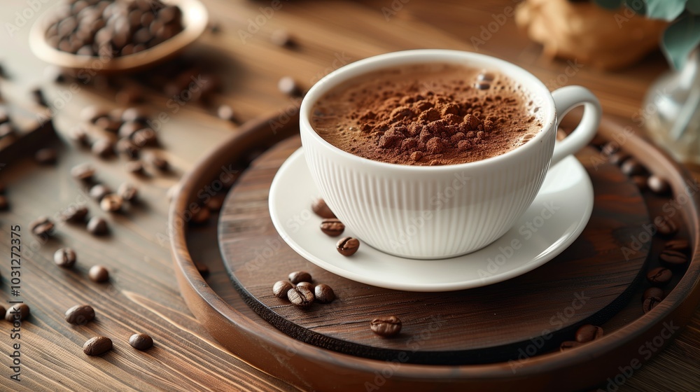 Cup of coffee with cacao powder on top, sitting in a white cup and saucer on a wooden table, a brown round tray underneath the plate, coffee beans scattered around, Cup of coffee with cacao powder on top, sitting in a white cup and saucer on a wooden table, a brown round tray underneath the plate, coffee beans scattered around,