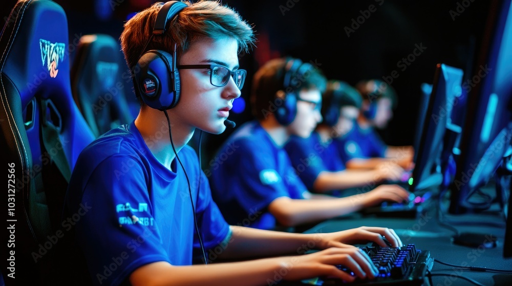 Team of Teenage Gamers Play in Multiplayer PC Video Game on a eSport Tournament