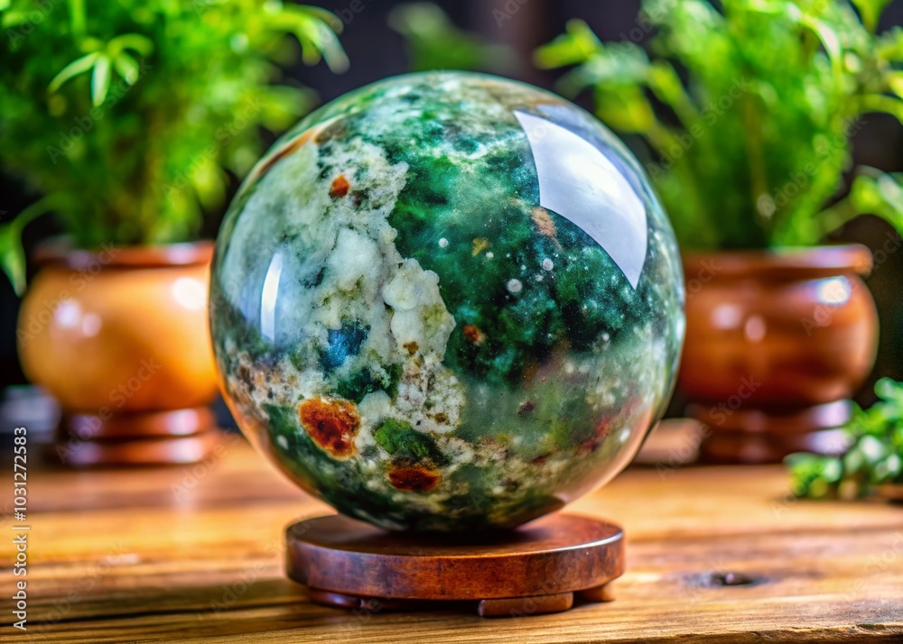 Beautiful Moss Agate Sphere with Inclusions on Stand, Showcasing Crystals and Gemstones Collection on Wooden Table Beautiful Moss Agate Sphere with Inclusions on Stand, Showcasing Crystals and Gemstones Collection on Wooden Table