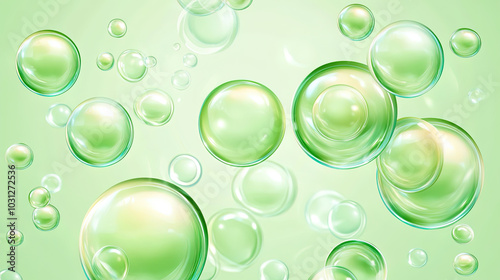 green bubbles oil or collagen serum for cosmetic product, 3d rendering