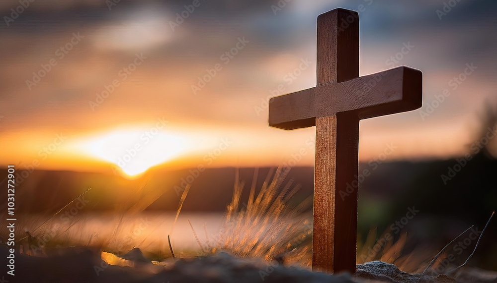 Sunset Reflection with Wooden Cross Symbolism Sunset Reflection with Wooden Cross Symbolism