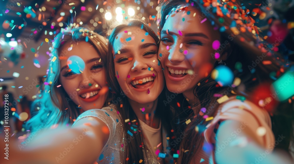 Three beautiful young women celebrating with confetti at an indoor party, smiling and taking selfies in front of the camera Three beautiful young women celebrating with confetti at an indoor party, smiling and taking selfies in front of the camera