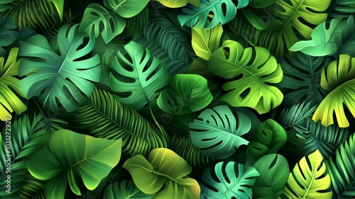 Lush Green Tropical Leaves Pattern Background