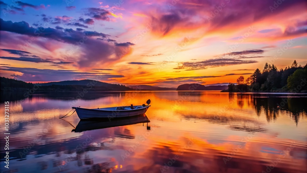 Beautiful Silhouette Fishing Boat on Lake at Twilight - Serene Landscape Photography Beautiful Silhouette Fishing Boat on Lake at Twilight - Serene Landscape Photography