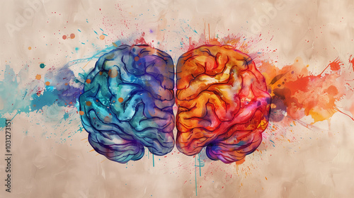 Artistic representation of the brain divided by colorful splashes symbolizing creativity and logic