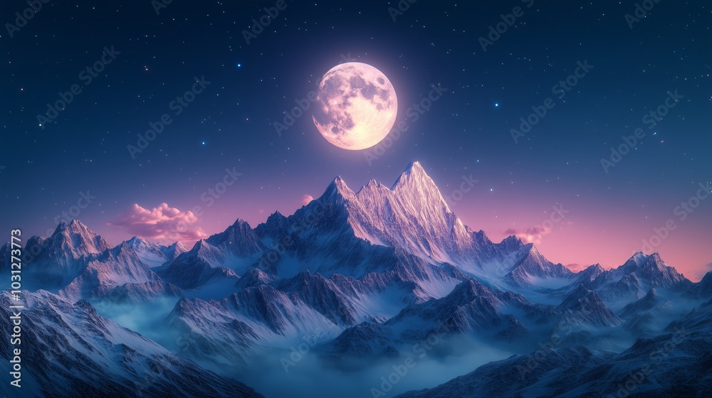 Majestic Full Moon Illuminating Snow-Capped Mountains Under a Starry Sky - Made with Generative AI Majestic Full Moon Illuminating Snow-Capped Mountains Under a Starry Sky - Made with Generative AI