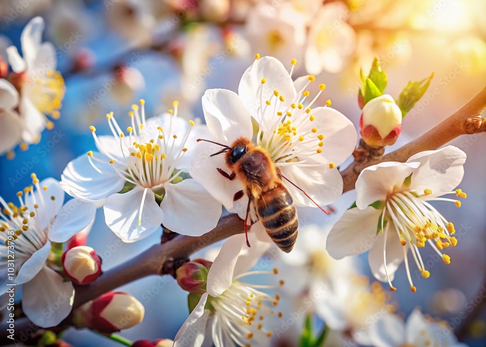 Bee Pollinating Fragrant White Flowers of Blooming Apricot Tree in Stunning Spring Landscape Bee Pollinating Fragrant White Flowers of Blooming Apricot Tree in Stunning Spring Landscape