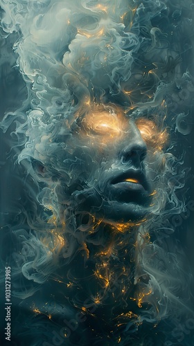 Abstract Surreal Portrait with Glowing Eyes and Smoke