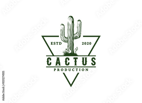 Vintage Cactus logo design. Wild Cacti Saguaro Cactus and Ocotillo grass on Western Texas Desert Landscape for Vintage Wild West Nature Logo Design