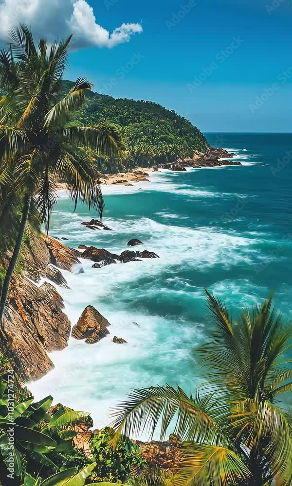 Tropical coastline with palm trees and rocky shore with ai generated.
Tropical coastline with palm trees and rocky shore with ai generated.