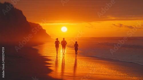 Silhouetted figures jogging on a beach at sunset.