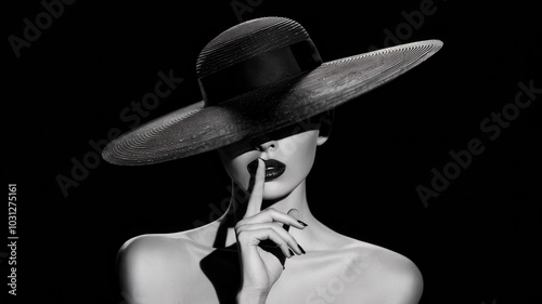 Black and white portrait of woman in vintage hat, hand covering lower face