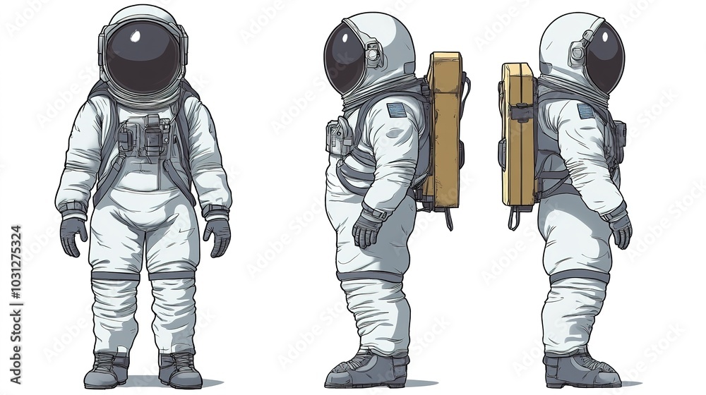 A set of cartoon astronaut illustrations showcasing three different perspectives: front view, side view, and back view. Each illustration captures the playful and fun essence of an astronaut A set of cartoon astronaut illustrations showcasing three different perspectives: front view, side view, and back view. Each illustration captures the playful and fun essence of an astronaut