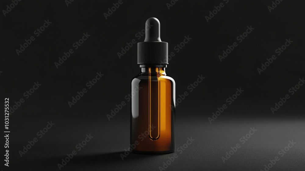 Minimalist amber dropper bottle against a black background. Minimalist amber dropper bottle against a black background.