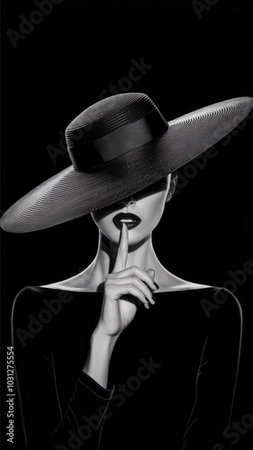 Black and white shot of woman wearing large black hat, fashion-focused composition