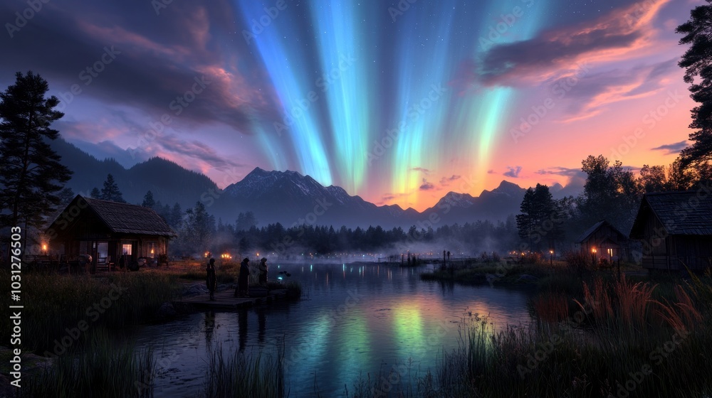 A serene landscape with northern lights reflecting on a calm lake. A serene landscape with northern lights reflecting on a calm lake.