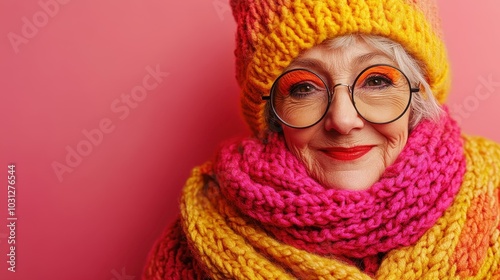 This elderly woman, full of joy, wears colorful knitwear that embodies the spirit of vibrant kidulthood. photo