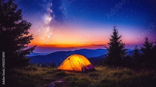 A tent glows with warm light under a vibrant Milky Way in a mountain landscape.