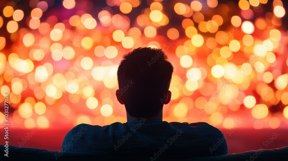 A young man enjoys a relaxed evening at home, watching a movie on the couch, embraced by soft, warm lighting. A young man enjoys a relaxed evening at home, watching a movie on the couch, embraced by soft, warm lighting.