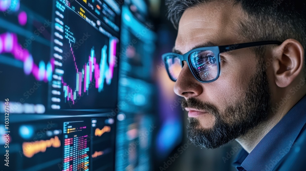 A dedicated analyst examines global market trends late at night in a sleek, hightech office, surrounded by multiple screens. A dedicated analyst examines global market trends late at night in a sleek, hightech office, surrounded by multiple screens.