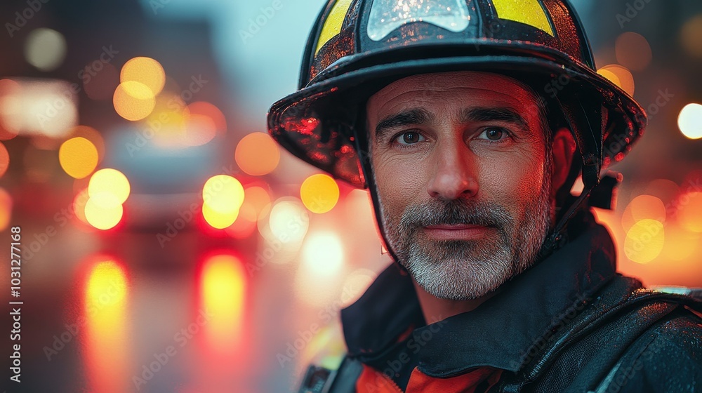 A striking image of a firefighter in full gear, exemplifying resilience and bravery against the backdrop of an urban skyline. A striking image of a firefighter in full gear, exemplifying resilience and bravery against the backdrop of an urban skyline.