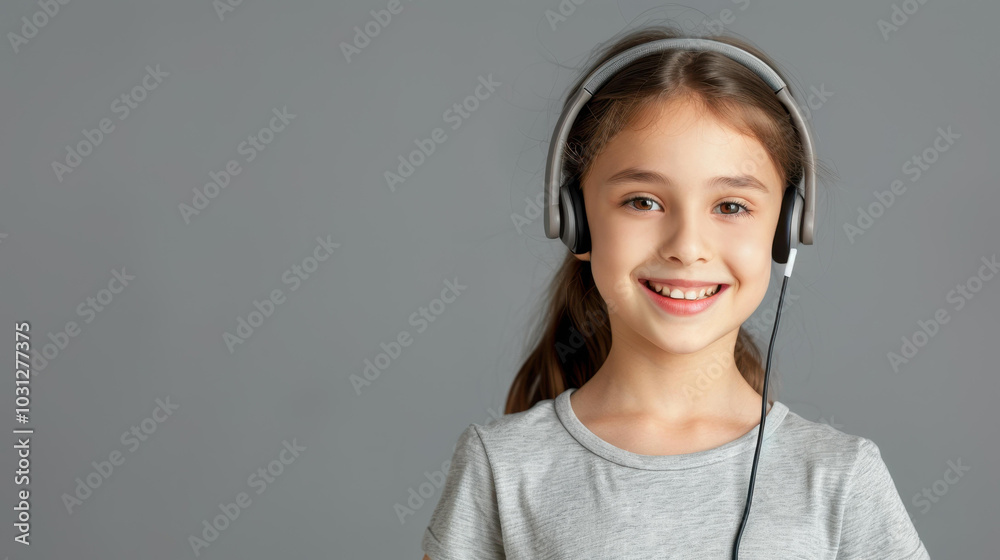 Bright and cheerful, this young girl sports freckles and a headset, bringing a joyful vibe against a soft gray backdrop. Bright and cheerful, this young girl sports freckles and a headset, bringing a joyful vibe against a soft gray backdrop.