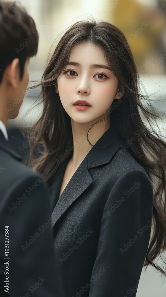 A stylish young couple in suits pose confidently outside a modern office building in bright daylight, radiating success. A stylish young couple in suits pose confidently outside a modern office building in bright daylight, radiating success.
