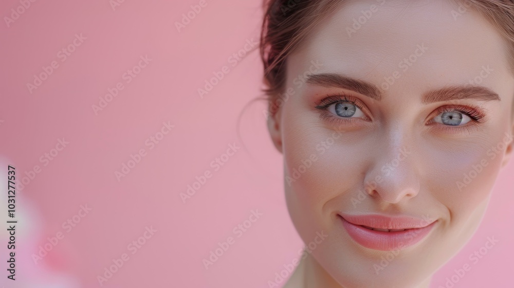 A vibrant closeup of a joyful young woman, radiating charm and freshness against a playful pink backdrop. A vibrant closeup of a joyful young woman, radiating charm and freshness against a playful pink backdrop.