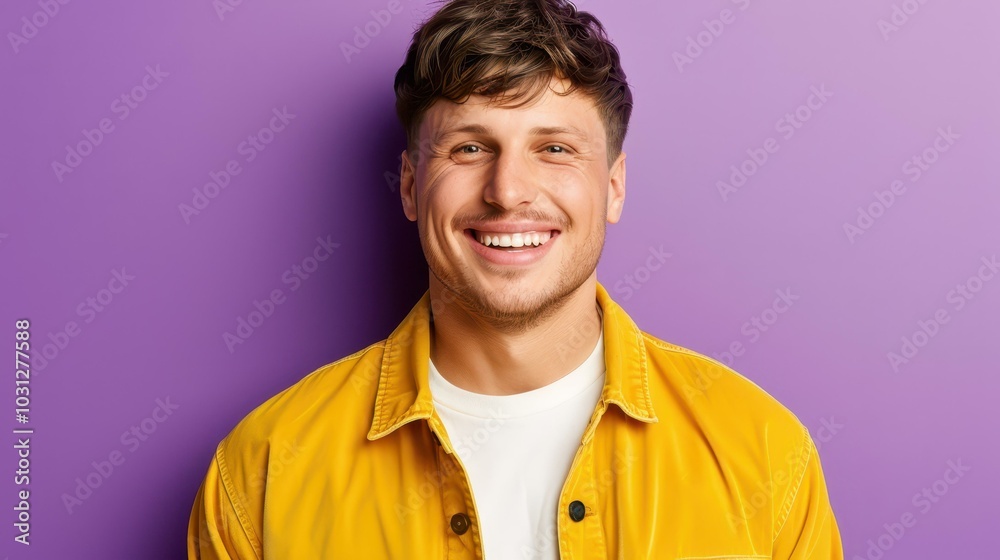 A vibrant portrait showcasing a joyful man in a yellow jacket, radiating happiness against a striking purple backdrop. A vibrant portrait showcasing a joyful man in a yellow jacket, radiating happiness against a striking purple backdrop.