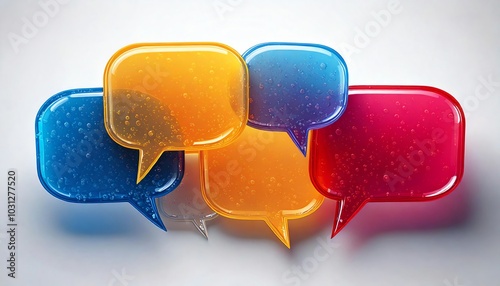 Colorful speech bubbles in blue, yellow, and red, symbolizing communication and conversation on a light background.