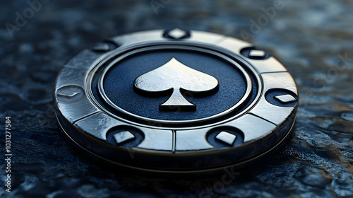 A metallic poker chip featu...