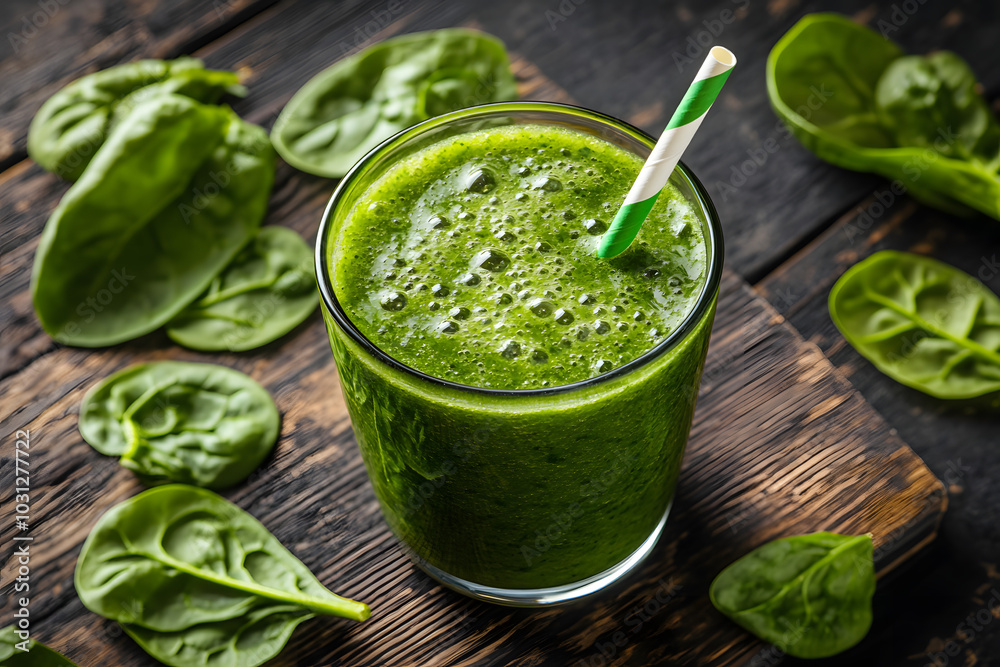 A close-up shot of a green smoothie in a glass with a striped straw, surrounded by fresh spinach leaves on a rustic wooden background. A close-up shot of a green smoothie in a glass with a striped straw, surrounded by fresh spinach leaves on a rustic wooden background.