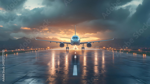 Airplane on runway at sunse...