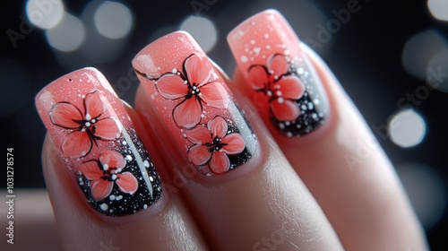 Close-up of three fingers with pink and black nail polish and floral designs.