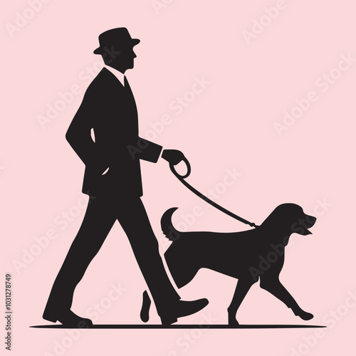 dog vector, Man walking with dog vector silhouette vector black and white