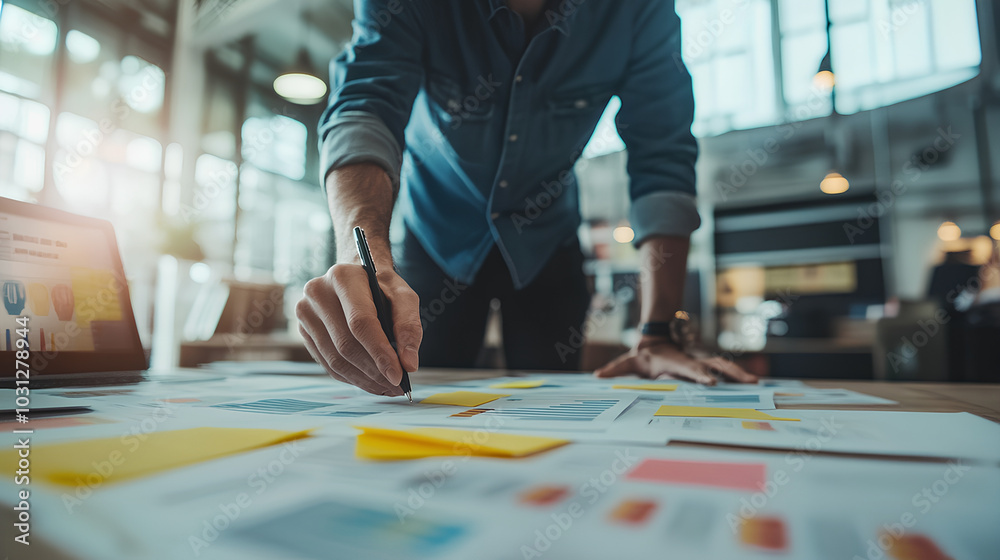 Entrepreneur reviewing a business plan with a focus on company milestones and goals