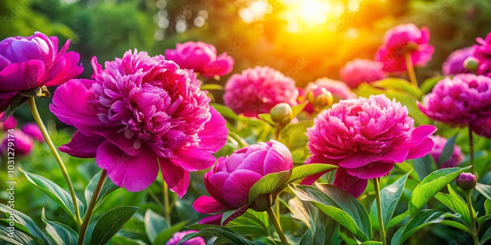 Fototapeta premium Blooming Dark Pink Peonies in a Summer Garden - Perfect Background for Text