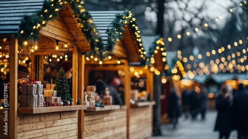 Festive holiday market with twinkling lights and wooden stalls