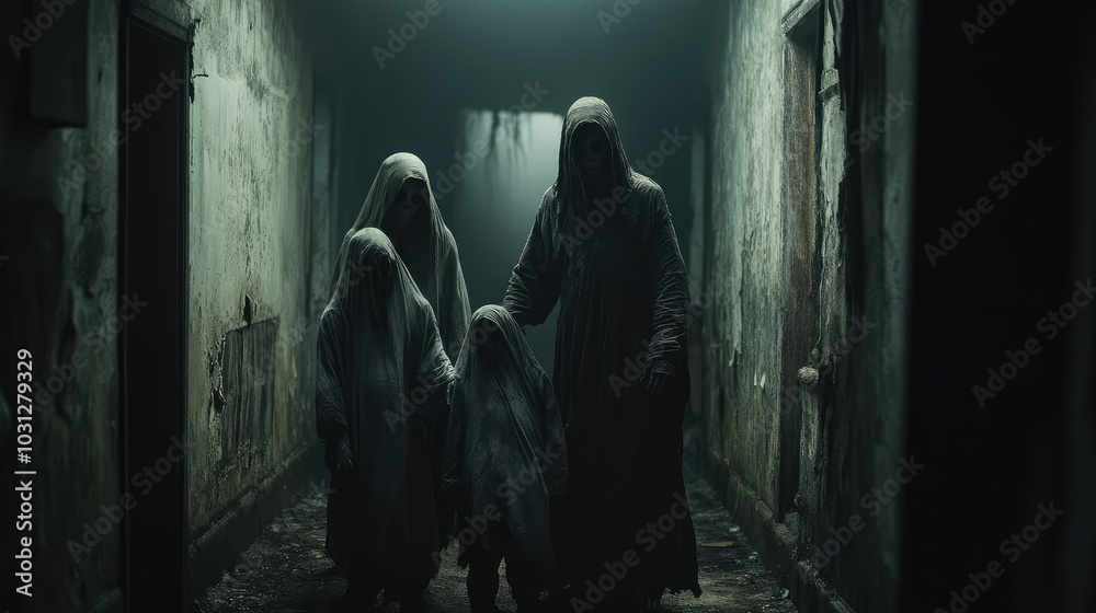 A chilling family of ghosts, their pale, lifeless faces expressionless, standing together in the dark, decaying hallways of a haunted house, the air thick with an eerie stillness. A chilling family of ghosts, their pale, lifeless faces expressionless, standing together in the dark, decaying hallways of a haunted house, the air thick with an eerie stillness.