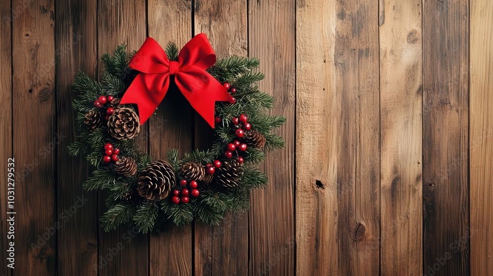 Festive Christmas wreath with red bow on wooden wall Festive Christmas wreath with red bow on wooden wall
