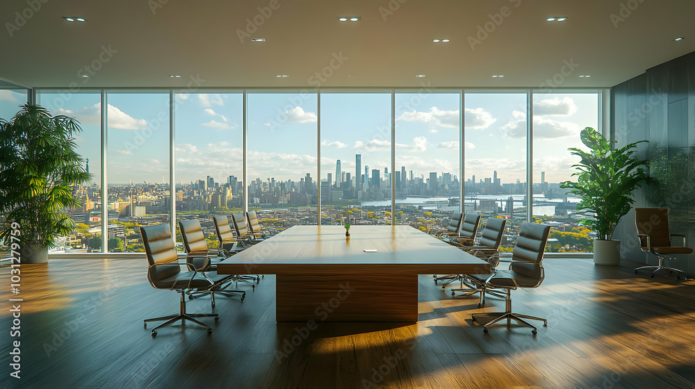 Fototapeta premium Modern conference room with skyline view and large wooden table.