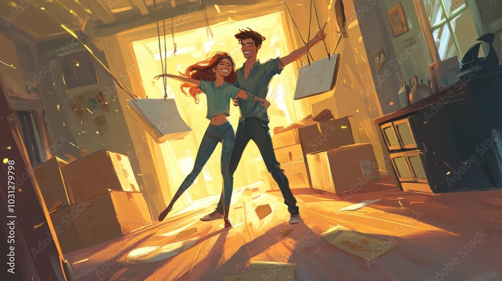 A young couple moving into their new home abstract theme, standing in the middle of an empty room with piles of cardboard boxes on one side and furniture on the other A young couple moving into their new home abstract theme, standing in the middle of an empty room with piles of cardboard boxes on one side and furniture on the other