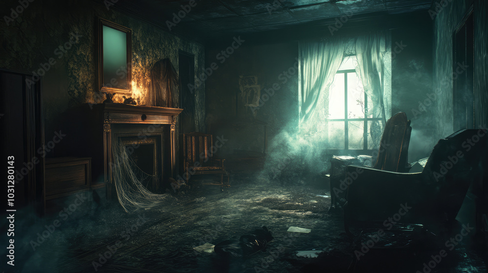 A dark room with a fireplace, a chair, and a couch A dark room with a fireplace, a chair, and a couch