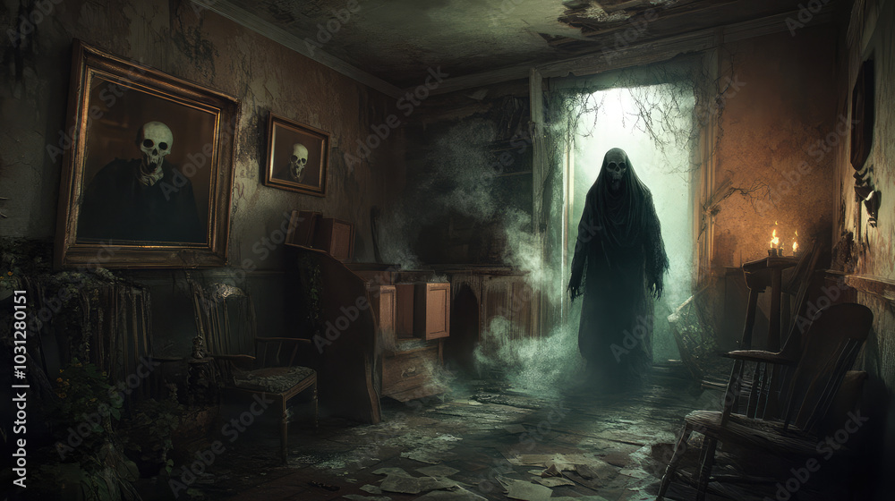 A creepy room with a skeleton on the wall and a monster in the doorway A creepy room with a skeleton on the wall and a monster in the doorway