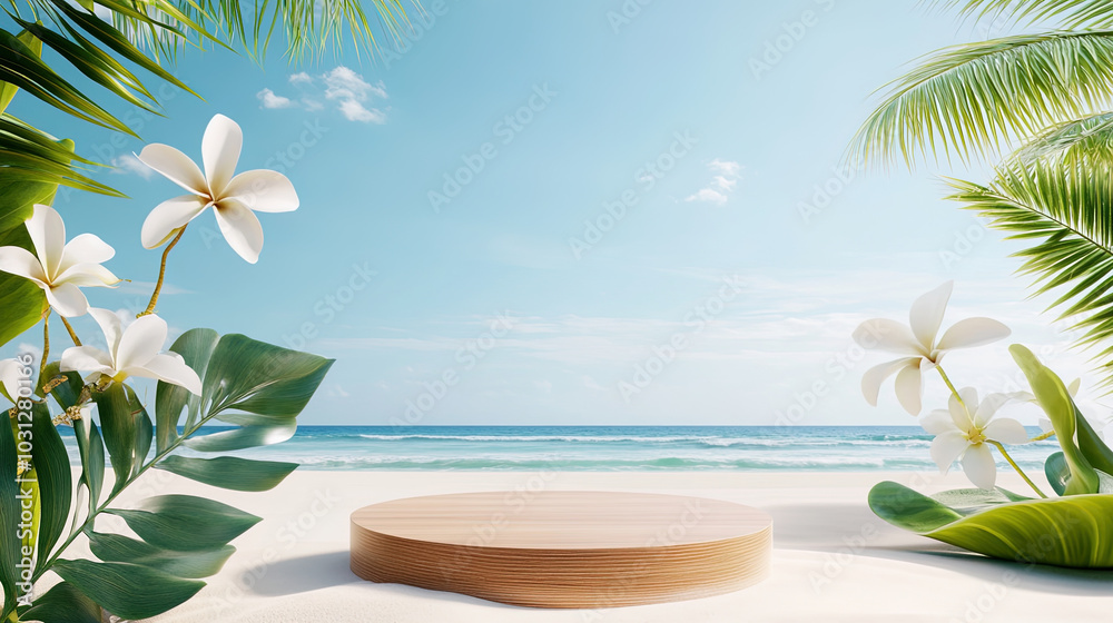 Fototapeta premium A podium made of wood on a beautiful beach