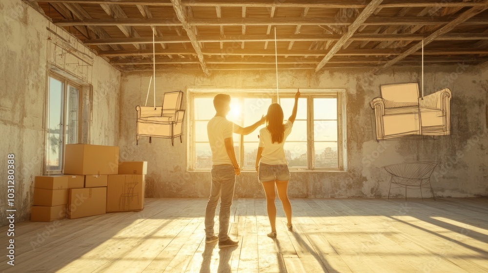 A young couple moving into their new home abstract theme, standing in the middle of an empty room with piles of cardboard boxes on one side and furniture on the other A young couple moving into their new home abstract theme, standing in the middle of an empty room with piles of cardboard boxes on one side and furniture on the other