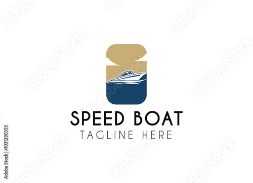 Jet boat logo design. Simple Minimalist Silhouette of Speedboat Jetboat Motorboat, or Boat with Motor with water sea ocean wave logo design