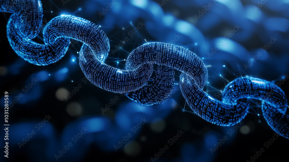 Fototapeta premium Digital representation of a futuristic chain made of glowing data links in a dark, abstract setting