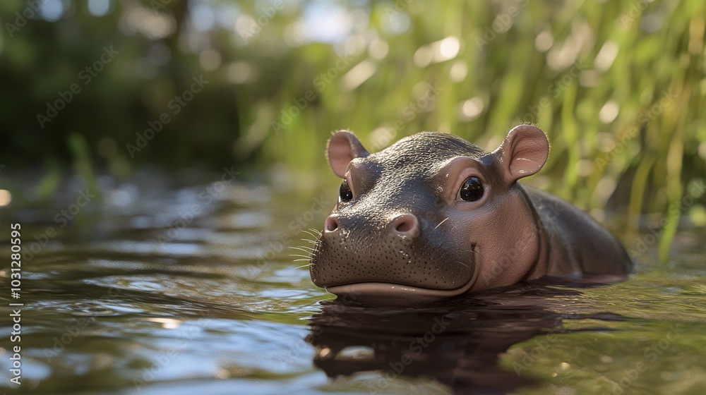 Fototapeta premium A charming 3D rendering of a baby Pygmy Hippo, showcasing its adorable features and playful nature. The baby hippo is depicted with a smooth, round body, small eyes, and soft, delicate skin.